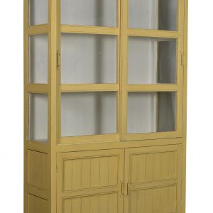 Gele vitrinekast, onderin dichte deurtjes, kraaldelen, herkomst India Nr. 10B 0