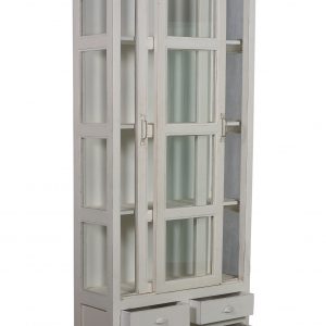 Gewilde witte India vitrinekast met schuifdeuren van glas en 4 lades Nr. 13B 0