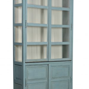 Grijsblauwe vitrinekast met schuifdeuren, boven glas, onder gesloten Nr. 15B 0