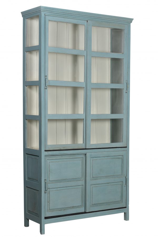 Grijsblauwe vitrinekast met schuifdeuren, boven glas, onder gesloten Nr. 15B 0